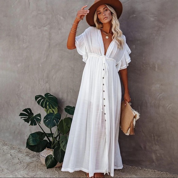 Button Down Ruffle Maxi Cover Up Dress - Picture 3 of 5